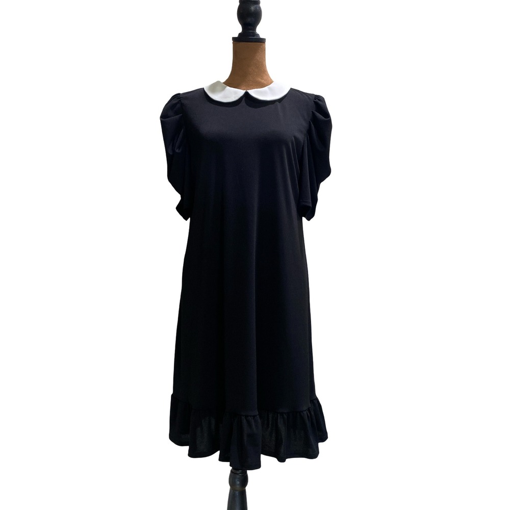 CeCe Black Peter Pan Collar Puff Sleeve Ruffle Hem Shift Dress Women Medium Midi